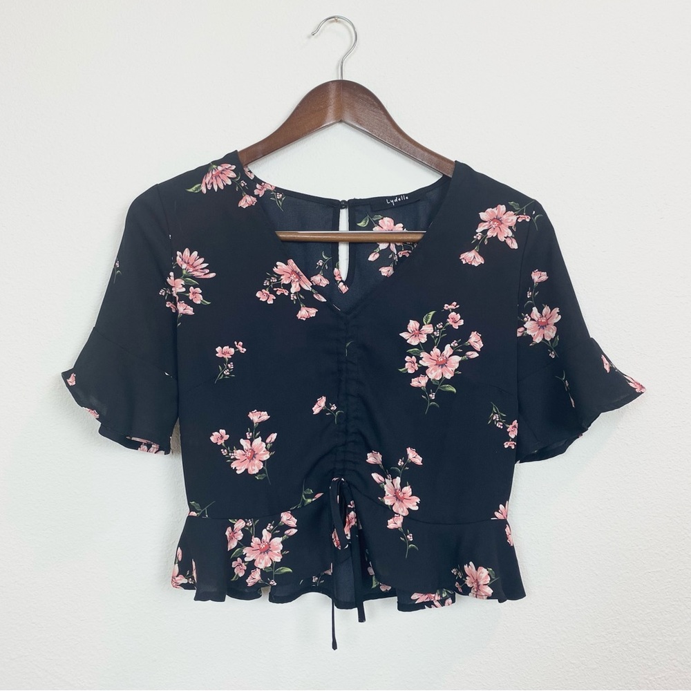Cropped Floral Blouse Lydelle Black Flutter Short Sleeve Drawstring Keyhole Sm